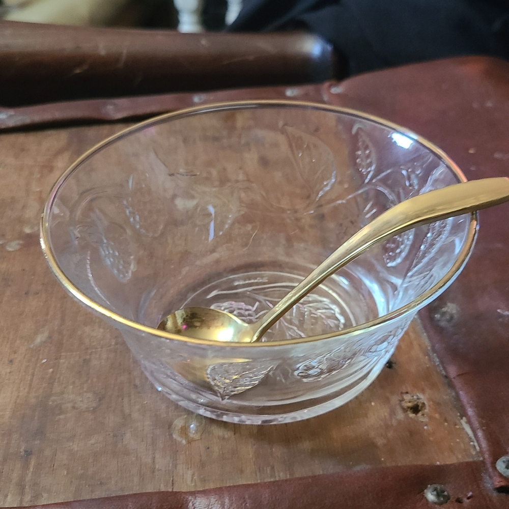 Vintage Glass Gold Rimmed Jelly Bowl with Gold plated Spoon